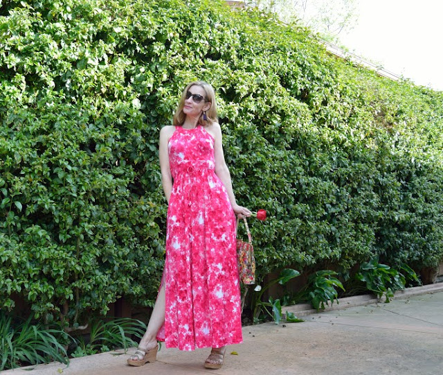 wearing a floral maxi dress over 40