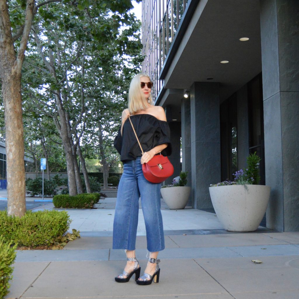 Madewell denim culottes, off the shoulder top, style over 40