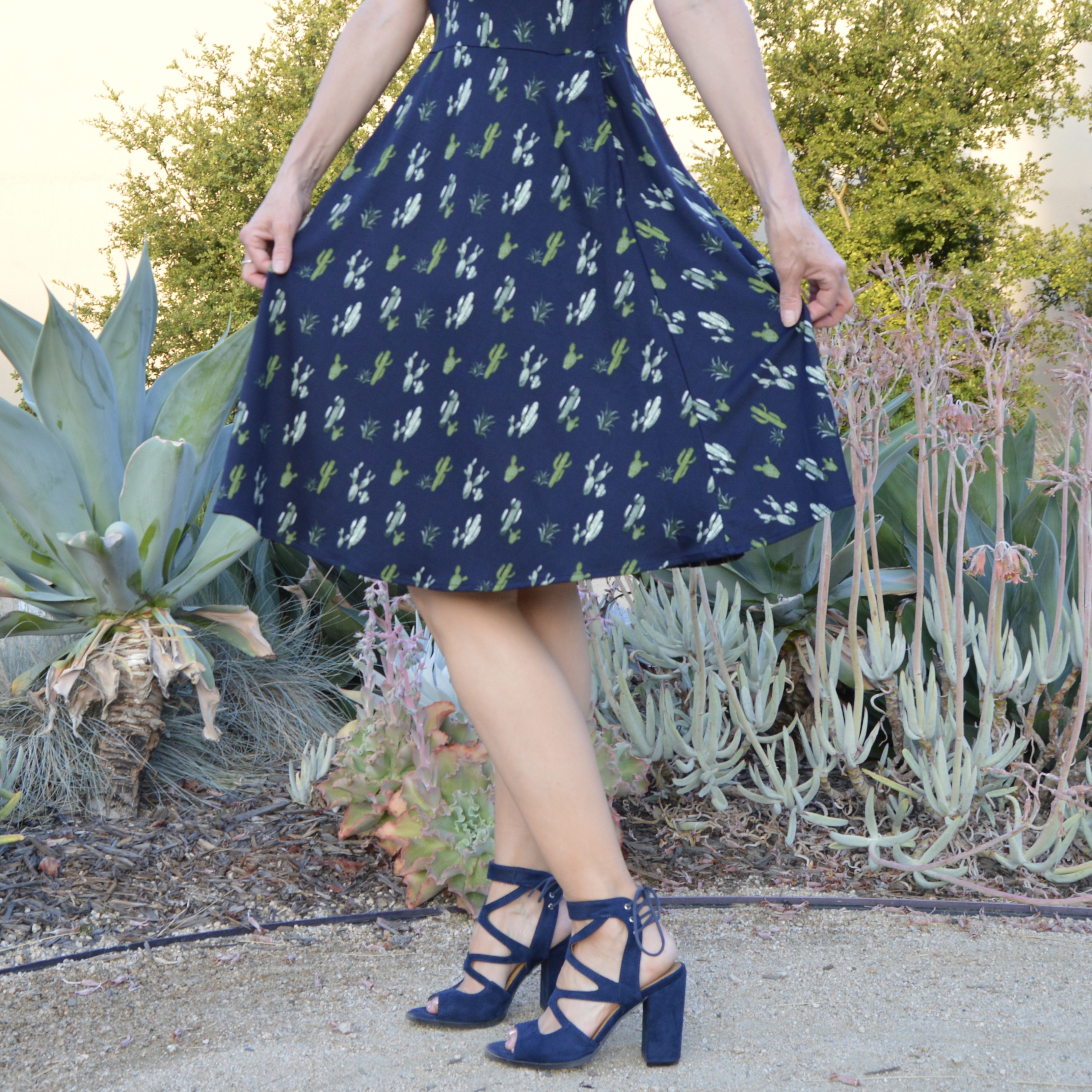 the cutest desert theme print, cactus print, fit and flare dress